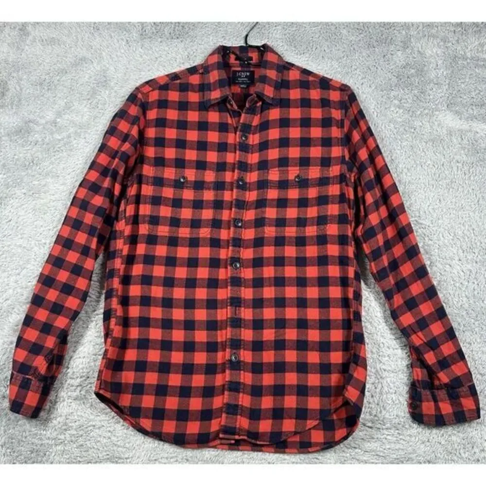 J. Crew Flannel Shirt Mens Small Slim Fit Red Plaid Button Up‎ Long Sleeve
